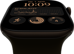 Apple Watch Series 12, Aluminiumgehäuse, Farbe Dunkelbronze, Modular Zifferblatt, Komplikationen: Tag und Datum, Trainings, Aktivitätsringe, Apple Music, rechte Seitenansicht, Digital Crown, Sportarmband, Farbe Oliv